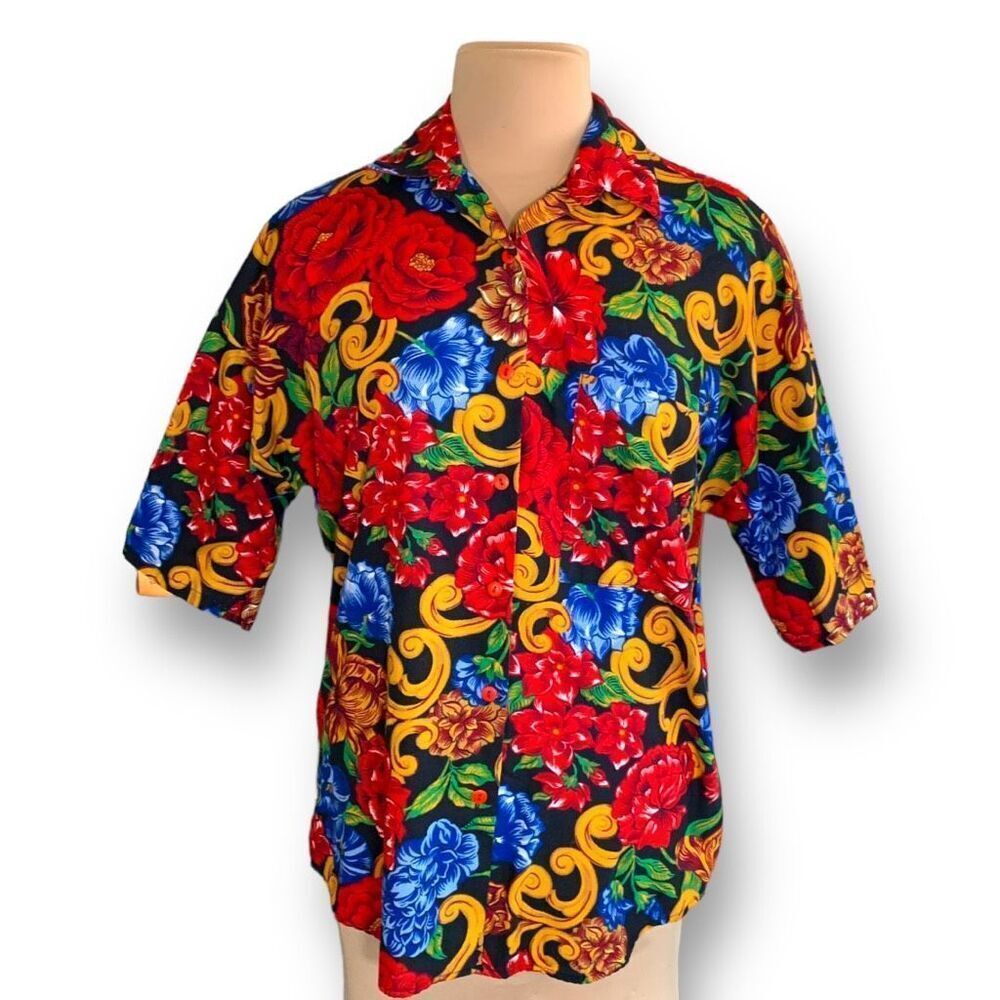 Vintage California Connection Shirt Cherry Red Dark‎ Multicolor Floral Detail